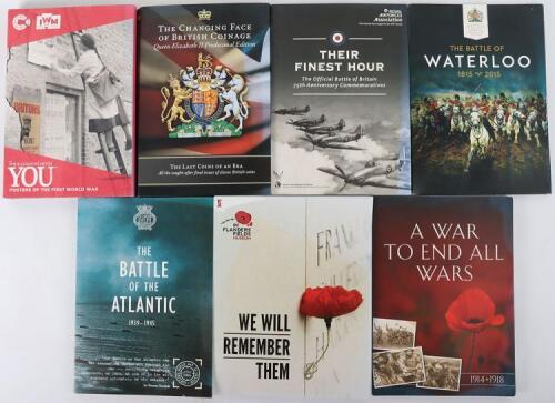 Commemorative sets including 22ct Battle of Atlantic Half Sovereign (3.99g), and 9ct WWI Centenery (10g), with four (.999) silver coins