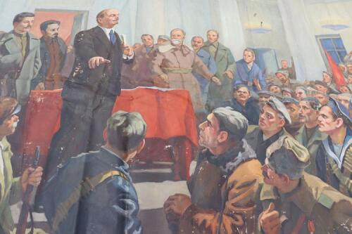 Very Large Oil on Canvas Painting of Vladimir Lenin Addressing a Crowd of Revolutionaries