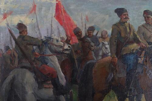 Soviet Russian Oil on Canvas Painting of Cavalry and Artillery Troops on Horseback Believed to be Painted by V Cheninkov