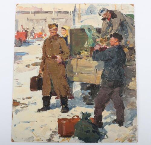 Soviet Russian Oil Painting by V L Mokrozhitskiy &lsquo;To The Native Collective Farm-4&rsquo;