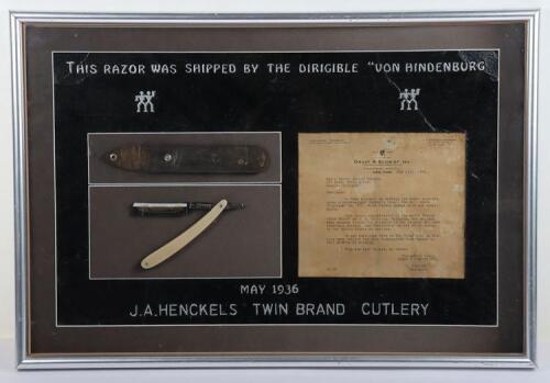 Framed Display of a Hindenburg Cut Throat Razor Shipped by Airship Von Hindenburg to the USA