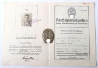 Third Reich DRL Sports Badge in Silver with Record Book of Recipient