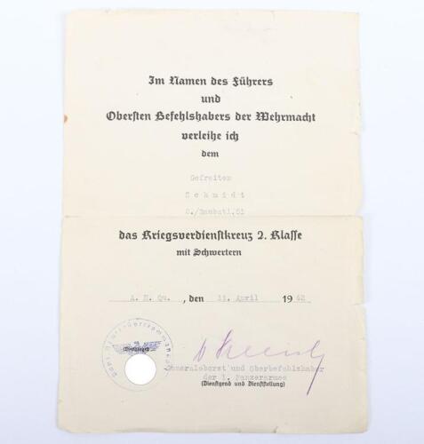 Third Reich War Service Cross 2nd Class Award Citation Signed by Generalfeldmarschall Paul Ludwig Ewald von Kleist, Commander of the 1st Panzerarmee Tried for War Crimes in Yugoslavia and Soviet Union and Who Died in Custody at Vladimir Central Prison in 