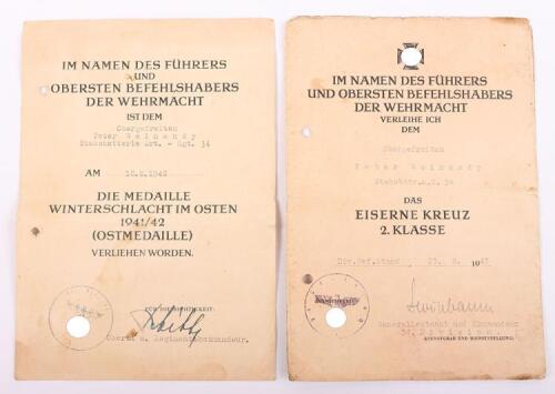 WW2 German Awards Citation Pair for Staff Battery Artillery Regiment Nr 34