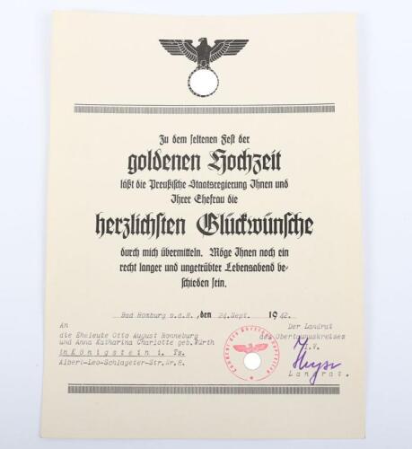 Unusual Third Reich Certificate of Congratulations for a Golden Wedding Anniversary