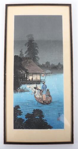 A Japanese screen print of figures on a boat in traditional dress