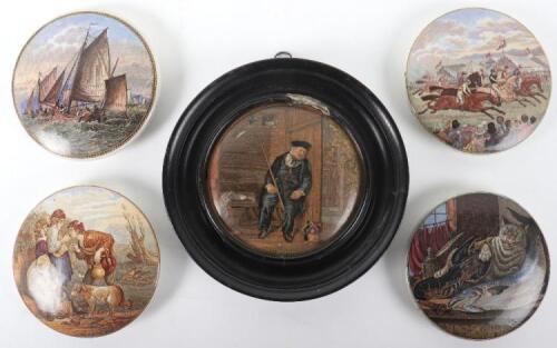 Five 19th century painted pot lids