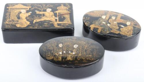 Three 19th century japanned papier mache snuff boxes