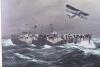 R Siger, watercolour, Swordfish squadron flying around HMS Ark Royal