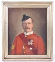 A 19th century oil on canvas of a Victorian military man, thought to be Quarter Master Sergeant McGhie 3rd (Cumberland) Militia