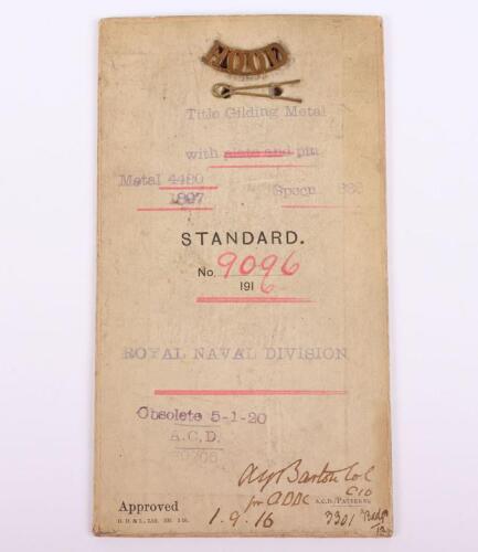 Rare WW1 1916 Sealed Pattern Hood Battalion Royal Naval Division (R.N.D) Shoulder Title