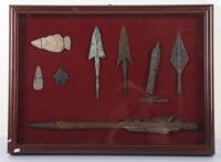 Glazed Display Frame of Arrow Heads and Crossbow Bolt,