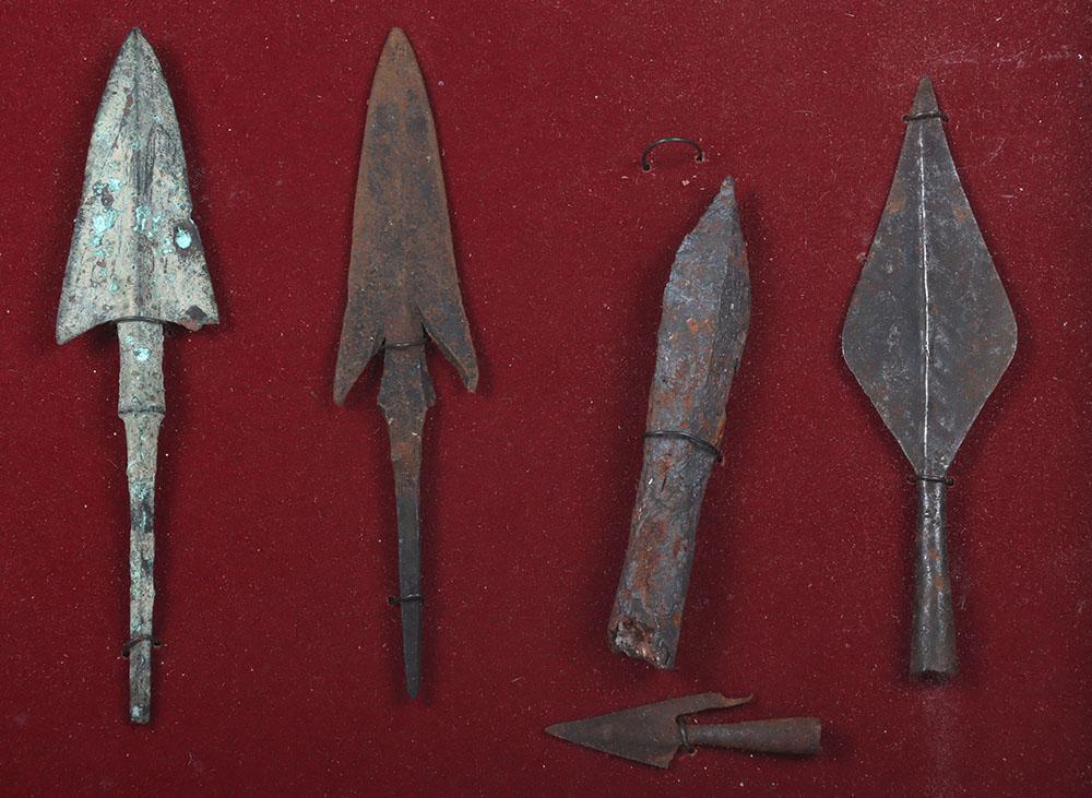 Glazed Display Frame of Arrow Heads and Crossbow Bolt,