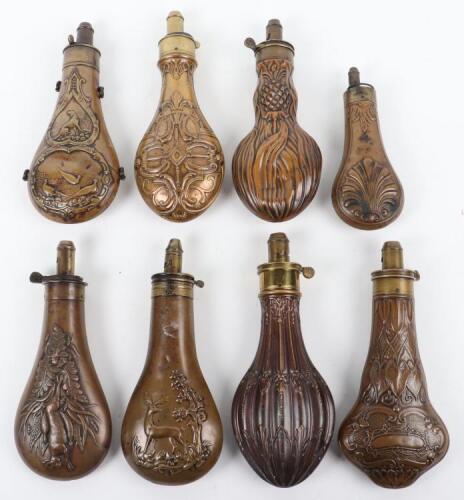 8x Assorted Gun-Sized Copper Powder Flasks