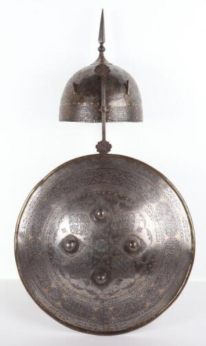 Persian Qajar Dynasty Matching Helmet Khula Khud and Shield Dhal