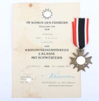 Third Reich War Service Cross 2nd Class with Swords and Award Citation Grenadier Regiment 945