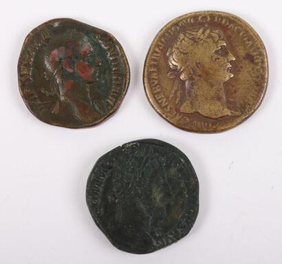 Three Roman Imperial Sestertius, Trajan with Trajan on horse thrusting spear at Dacian, Severus Alexander Virtus Augustui Rome 230AD, and Commodus