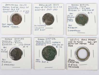 Three Gordian III Colonial Issue coins, Danubian Celtic copies of Roman coins including Constantine II and Gratian with a piece of Celtic ring money