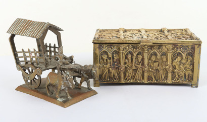 A 19th century European brass embossed box, showing religious scenes, 15cmW