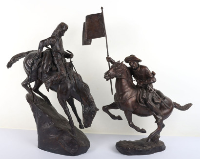 Two large bronze 20th century groups, after Remington ÔThe OutlawÕ and Cowboy with US flag