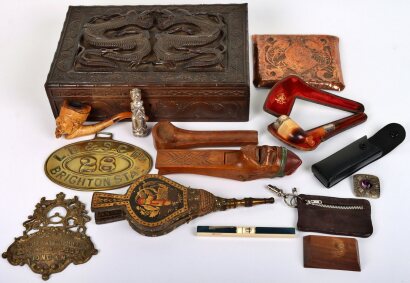 A selection of various collectors items, including a London, Brighton & South Coast Railway horse brass, Meerschaum pipe in case