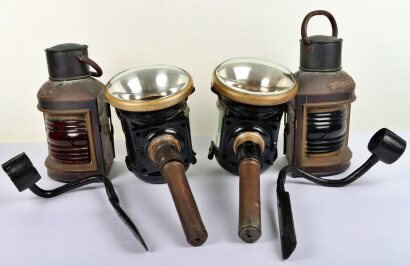 A pair of coach lamps with brackets, with a pair of Port and Starboard lamps