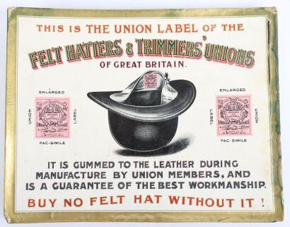 A vintage Felt Hatters & Trimmers Unions card sign,