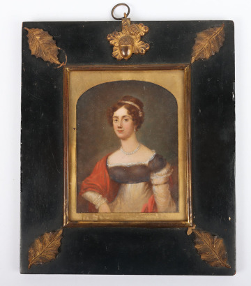 English School, 18th century portrait miniature of Lady Anne Bingham in black and white dress with red robe