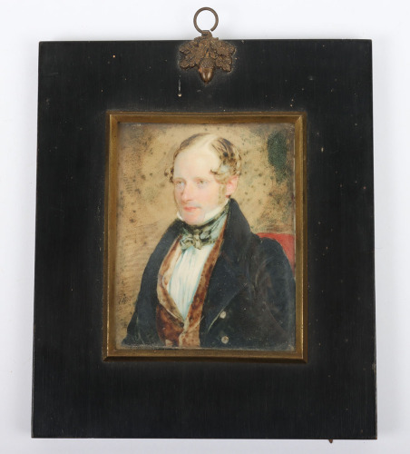 English School, 19th century, portrait miniature, gentleman in black coat and brown waistcoat and tied blue stock