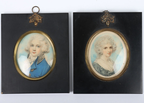 English School, 19th and 20th Century, portrait miniatures of a boy in blue coat and a lady in blue and white dress