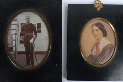 A 19th century silhouette portrait miniature of a boy, with two portrait miniatures of the same woman with red ribbon - 2