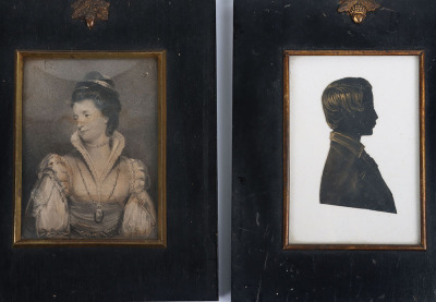 A 19th century silhouette portrait miniature of a boy, with two portrait miniatures of the same woman with red ribbon - 3