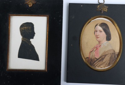 A 19th century silhouette portrait miniature of a boy, with two portrait miniatures of the same woman with red ribbon - 4