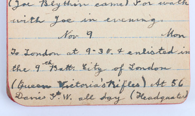 Historically Important Great War Diary Grouping of Timothy Goddard Elliott from 1914-1918, Covering Many of the Major Actions of WW1 including the Battle of the Somme in 1916, Where he went Over The Top with 9th Battalion City of London Queen Victoria Rif - 10