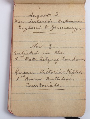 Historically Important Great War Diary Grouping of Timothy Goddard Elliott from 1914-1918, Covering Many of the Major Actions of WW1 including the Battle of the Somme in 1916, Where he went Over The Top with 9th Battalion City of London Queen Victoria Rif - 11