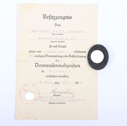 WW2 German Black Grade Wound Badge and Award Citation