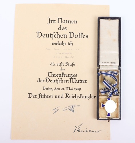 Third Reich Mothers Cross Award with Original Award Citation