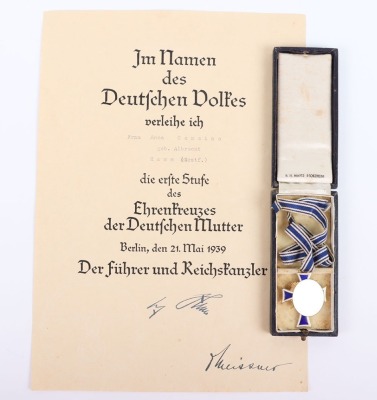 Third Reich Mothers Cross Award with Original Award Citation