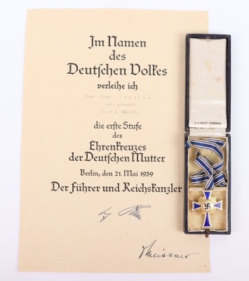 Third Reich Mothers Cross Award with Original Award Citation - 2