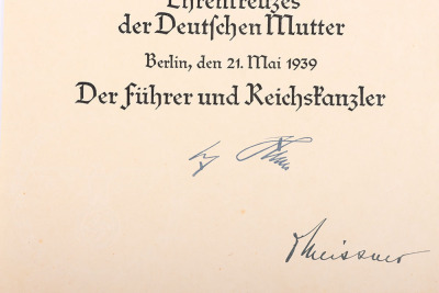 Third Reich Mothers Cross Award with Original Award Citation - 9