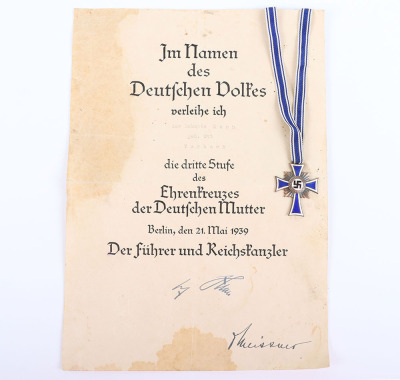 Third Reich Mothers Cross Award with Citation - 2