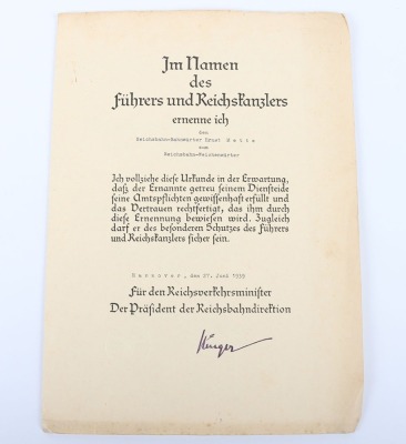 Third Reich NSDAP 25 Year Faithful Service Decoration with Citations of Railways Interest - 12