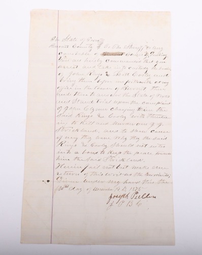 Handwritten warrant from the state of Texas dated 1875 for the arrest of John Ringo and Scott Cooley