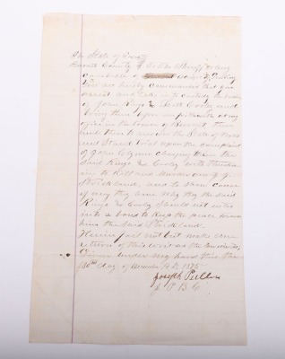 Handwritten warrant from the state of Texas dated 1875 for the arrest of John Ringo and Scott Cooley