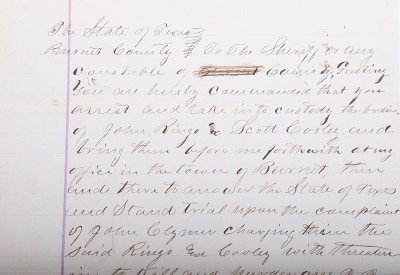 Handwritten warrant from the state of Texas dated 1875 for the arrest of John Ringo and Scott Cooley - 2