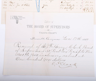 Lot consisting of receipt from the board of supervisors Y&rsquo;Avapai County Prescott Arizona dated 1889 - 2