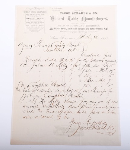 Original receipt for the billiard table that Morgan Earp Died upon in Tombstone Arizona