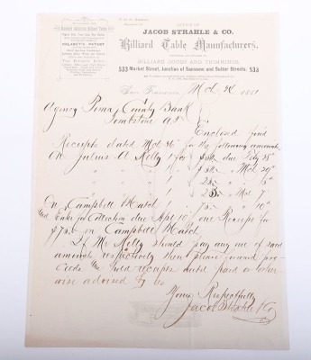 Original receipt for the billiard table that Morgan Earp Died upon in Tombstone Arizona