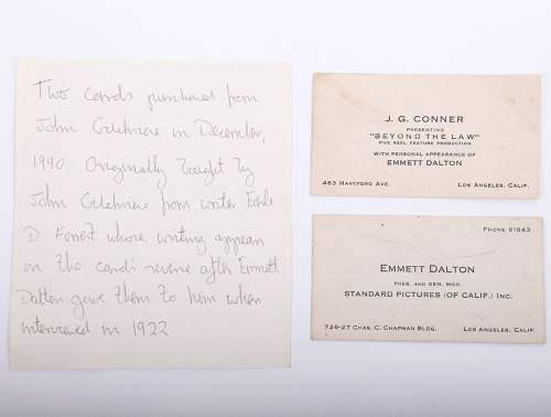 Lot of 2 original business cards. One being of the personal card of Emmet Dalton and the other of J.G. Conner