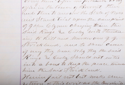 Handwritten warrant from the state of Texas dated 1875 for the arrest of John Ringo and Scott Cooley - 3